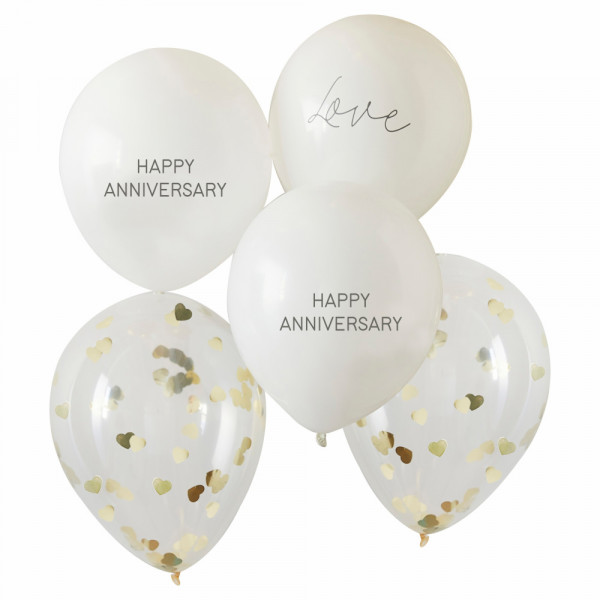 5 Jubiläums-Ballons weiß-gold 30cm 2