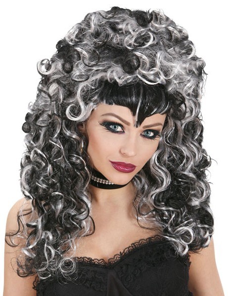 Halloween Perrücke Locken Schwarz Weiß Pompös