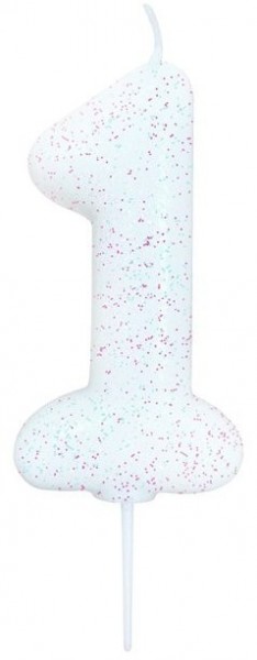 Glitzernde Zahl 1 Tortenkerze weiß 7cm