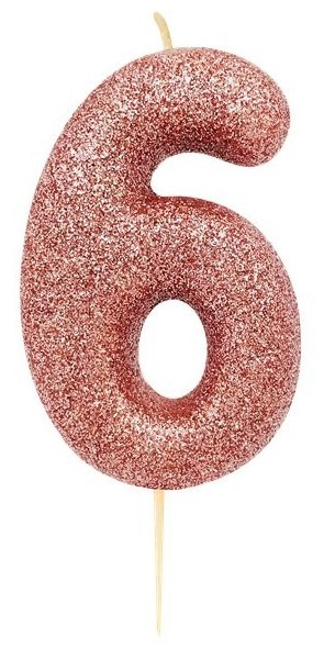 Glitzernde Zahl 6 Tortenkerze roségold 7cm