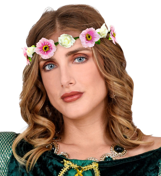 Blommor hår krans med rosa band